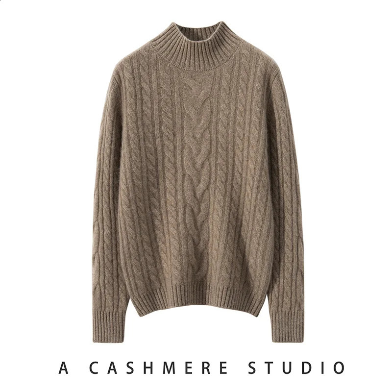 100% Pure Cashmere Sweater Womens Half Turtleneck Pullover Three Strands Full Body Twist Thick Knit Bottom Loose Coat Sweater 240812