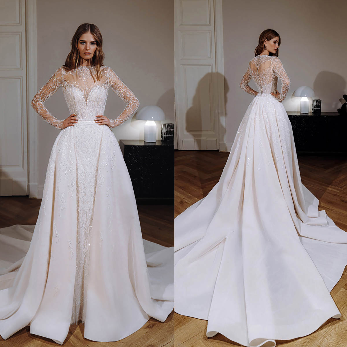 Exquisite Mermaid Wedding Dress Beaded Sequins Beading O Neck Bride Gowns Ruched Detachable Sweep Train Satin Bridal Dresses