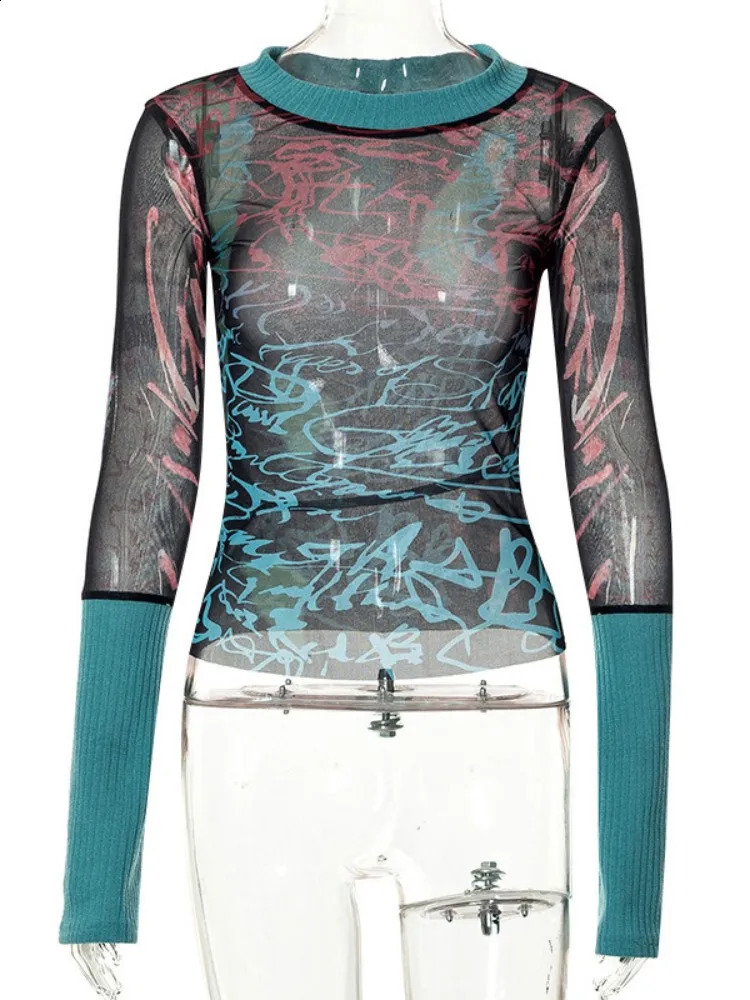 Printed Y2k accessories crop top womens long sleeved graphic T-shirt O-neck Gothic aesthetic T-shirt Pullover Ropa De Mujer240812