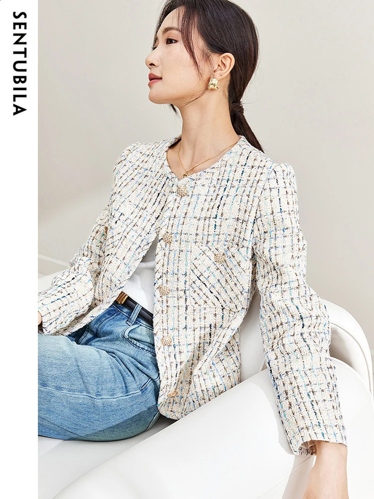 SENTUBILA Contrast Plaid Cropped Tweed Jacket for Women Elegant Straight Long Sleeve Autumn Winter Short Coats 133W49788 240812