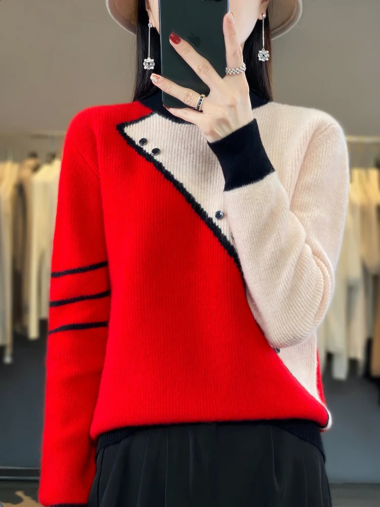 Autumn Winter 100% Wool Knitted Pullover Women O-Neck Color Match Sweater Long Sleeve Shirt Fashion Loose Warm Thick Tops 240812