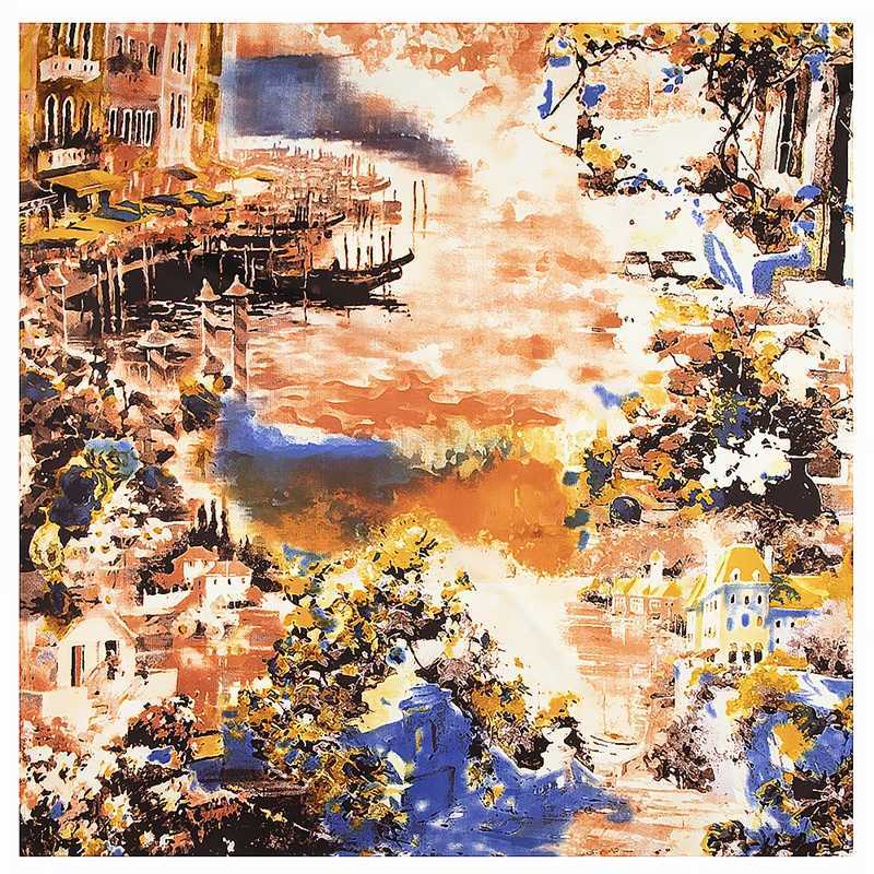 Classic New Oil Painting House Water Village Ship Womens Brand Twill Silk Square Scarf Womens Kerchief Scarf Womens Shawl W240810