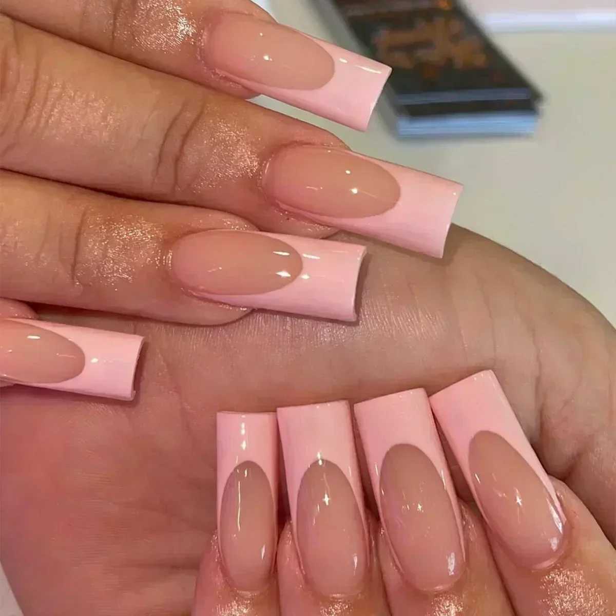 24 wearable fake nails long ballet dancer pink pressed nails with glue French full coffin fake nail tips Rhinestone W240810