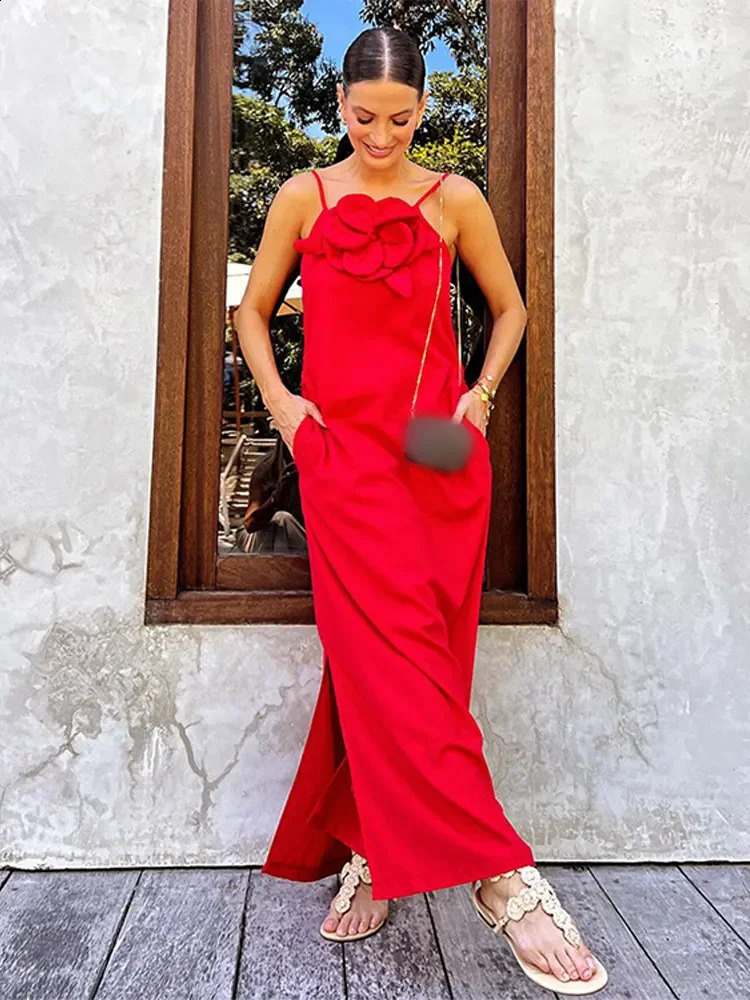 Fashion 3d Flower Solid Halter Dress For Women 2024 Sleeveless Loose Maxi Vestidos Lady Elegant Party High Streetwear 240812