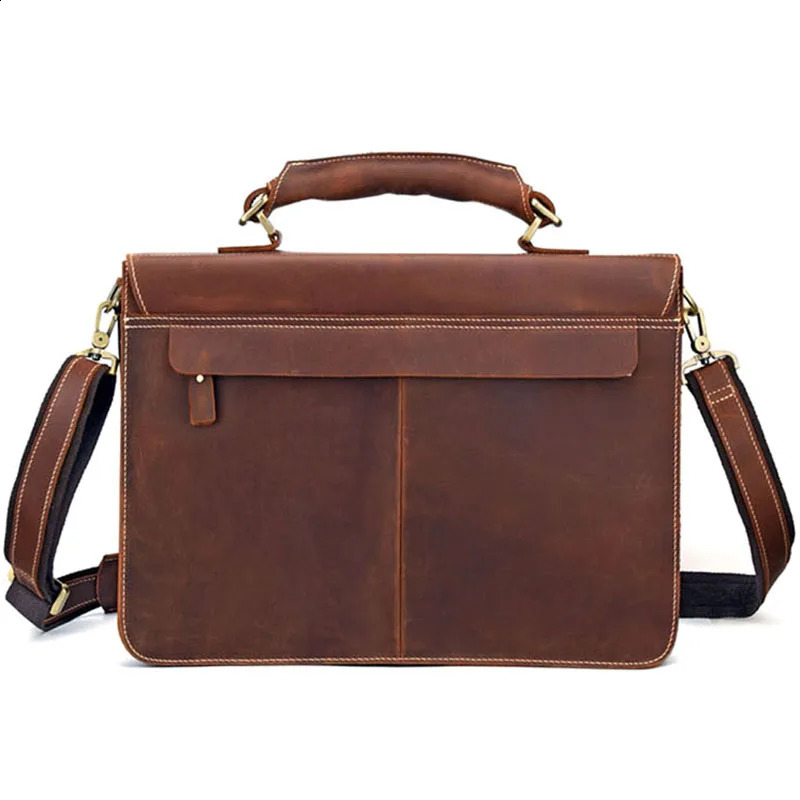 Fashionable retro large capacity leather mens briefcase top laptop bag crazy horse 15 inch computer messenger 240810