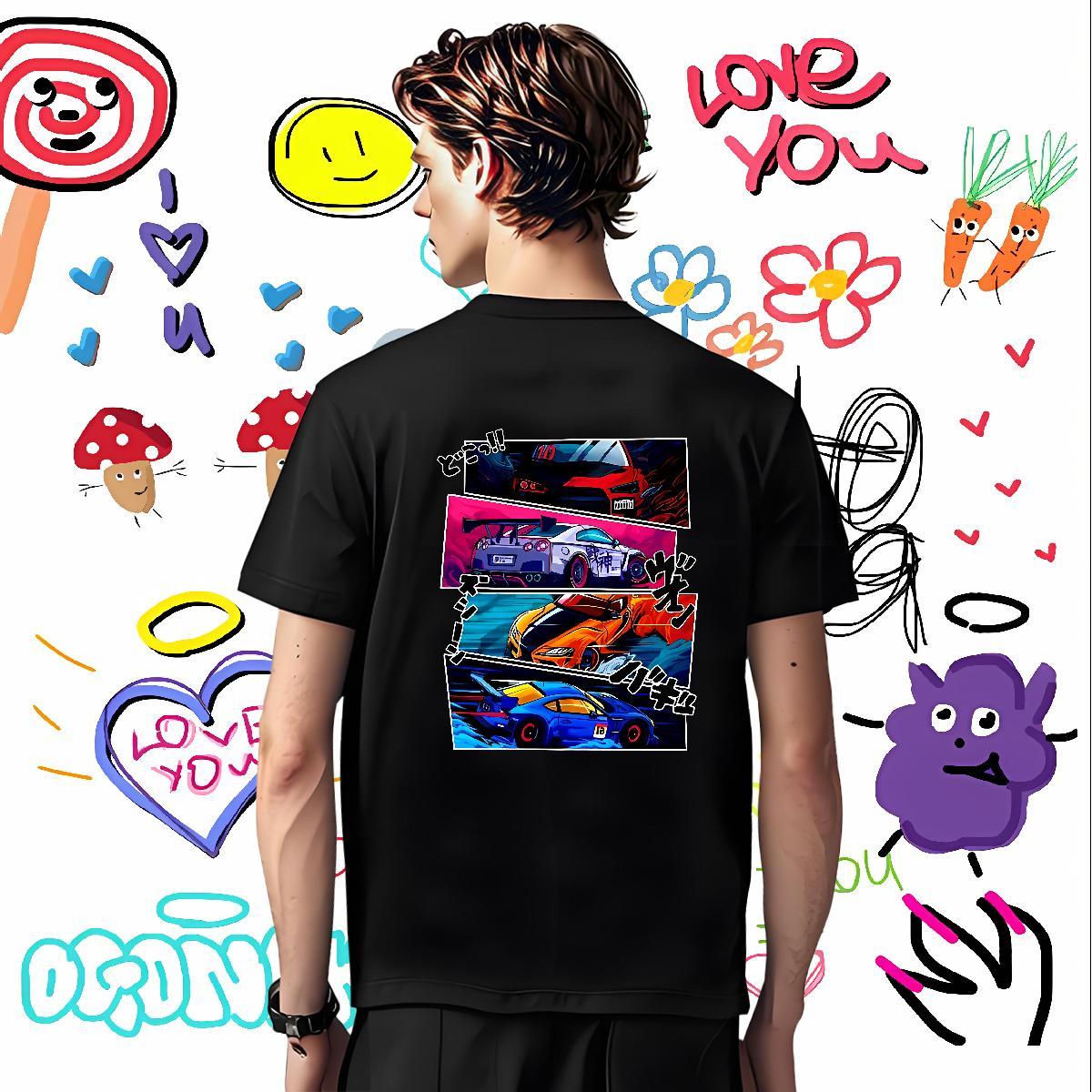 Unisex car T-Shirts for Men Anime Printing Street Tshirts 230g 100% Cotton Fashion Short Sleeve Soft Black White Top Tees