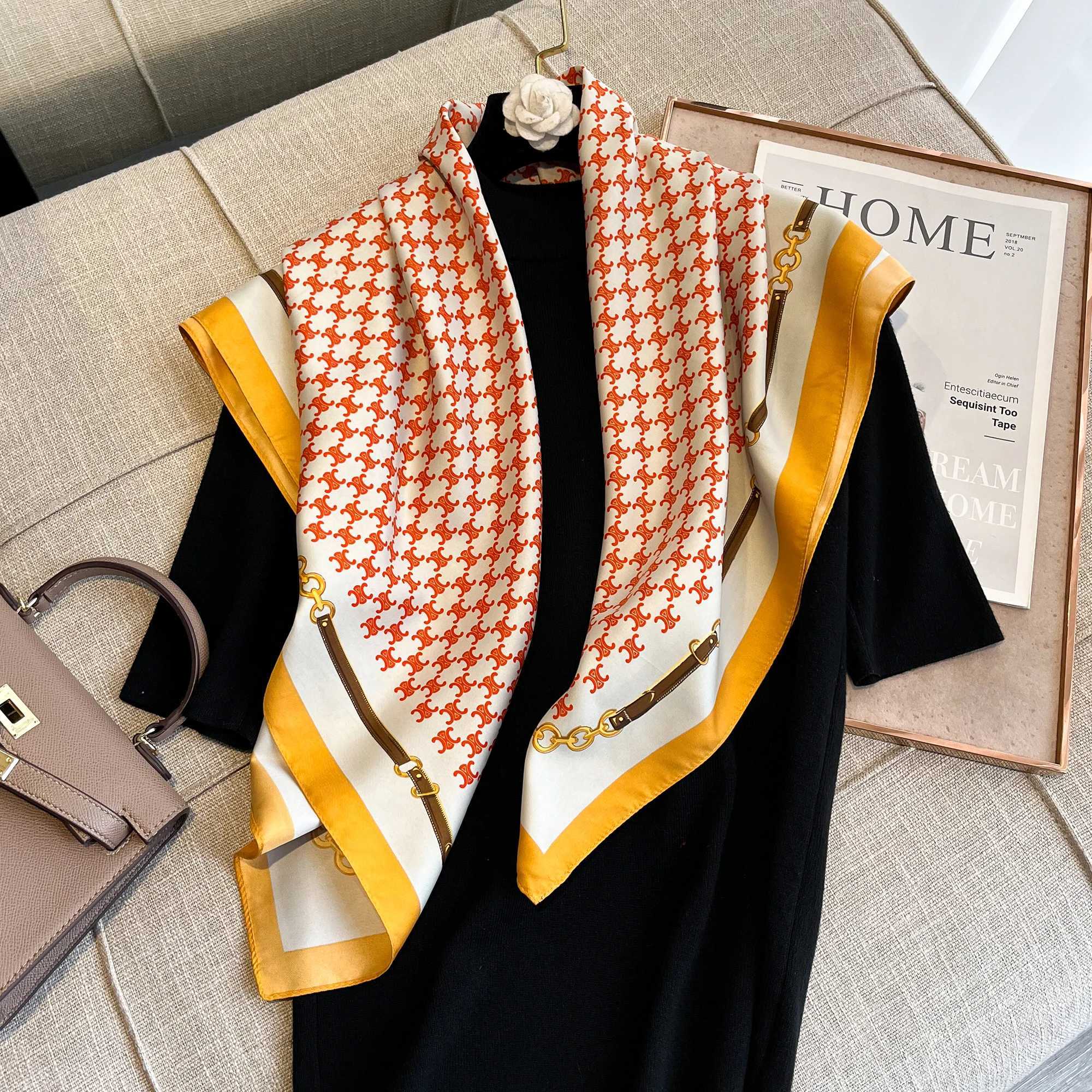 New fashion printed twill silk scarf womens headscarf Muslim headband 90cm square Bandana fountain summer shawl beach Stoles Echape W240810