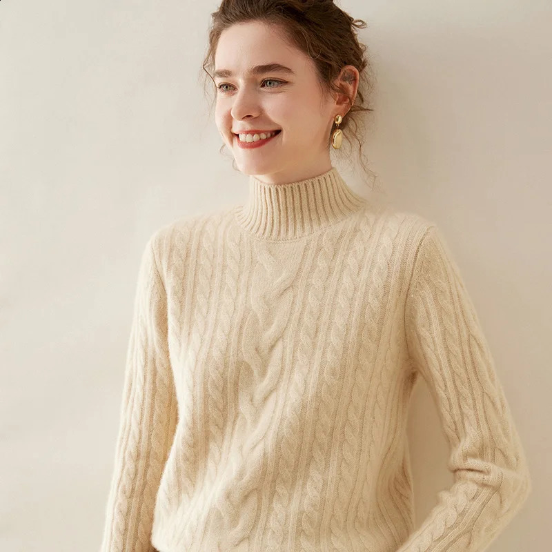 100% Pure Cashmere Sweater Womens Half Turtleneck Pullover Three Strands Full Body Twist Thick Knit Bottom Loose Coat Sweater 240812
