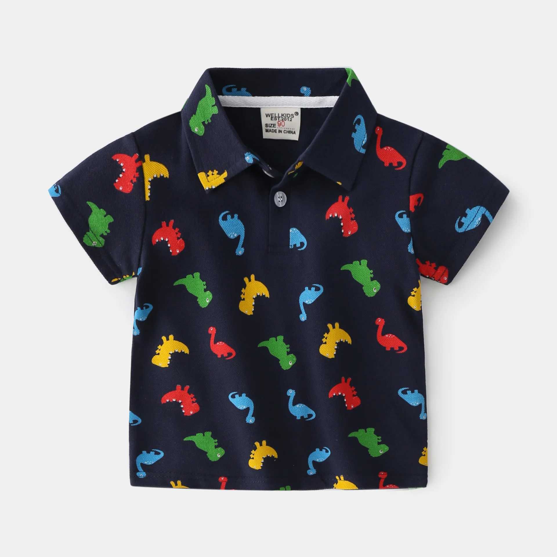 New 2021 Kids Boys Polo Shirts Fashion Dinosaur Print Short Sleeve Lapel T-Shirt Cotton Baby Boys Summer Tops ClothingXJ241225