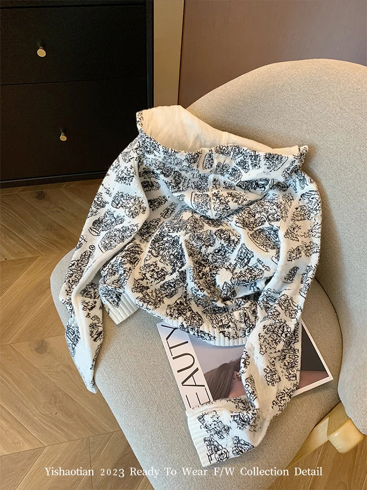 American Vintage Knitwear Hooded Cardigan Embroidery Print Women Loose Sweater Autumn Winter Y2k Streetwear Preppy Style 240812