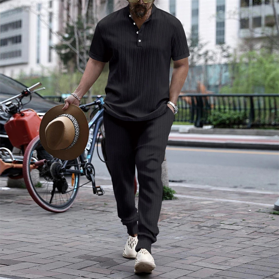 Mens shirt suit solid color striped short-sleeved casual shirt oversized beach shorts summer street wear 240812