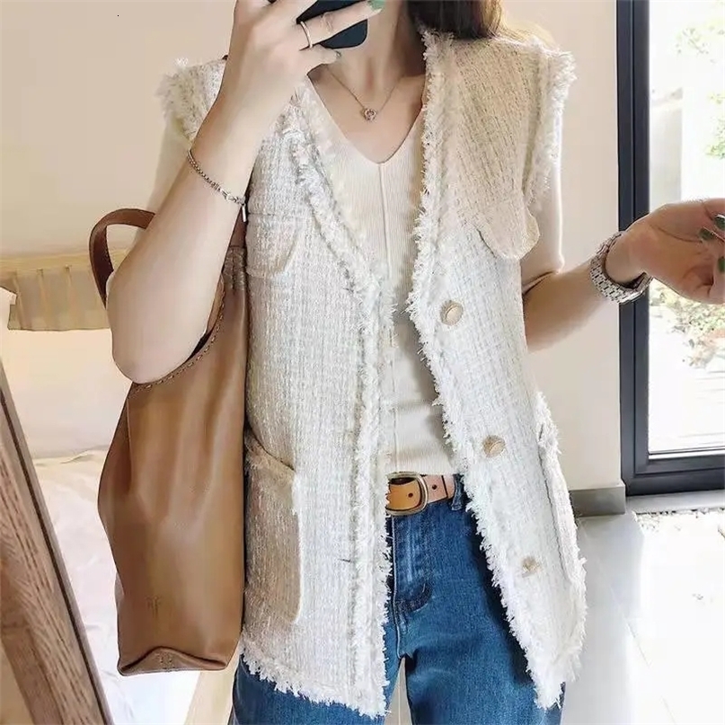 Spring Autumn Coarse Tweed Fashion Womens Sleeveless Vest Coat Versatile Comfortable Loose Female Tank Top Jacket 240810