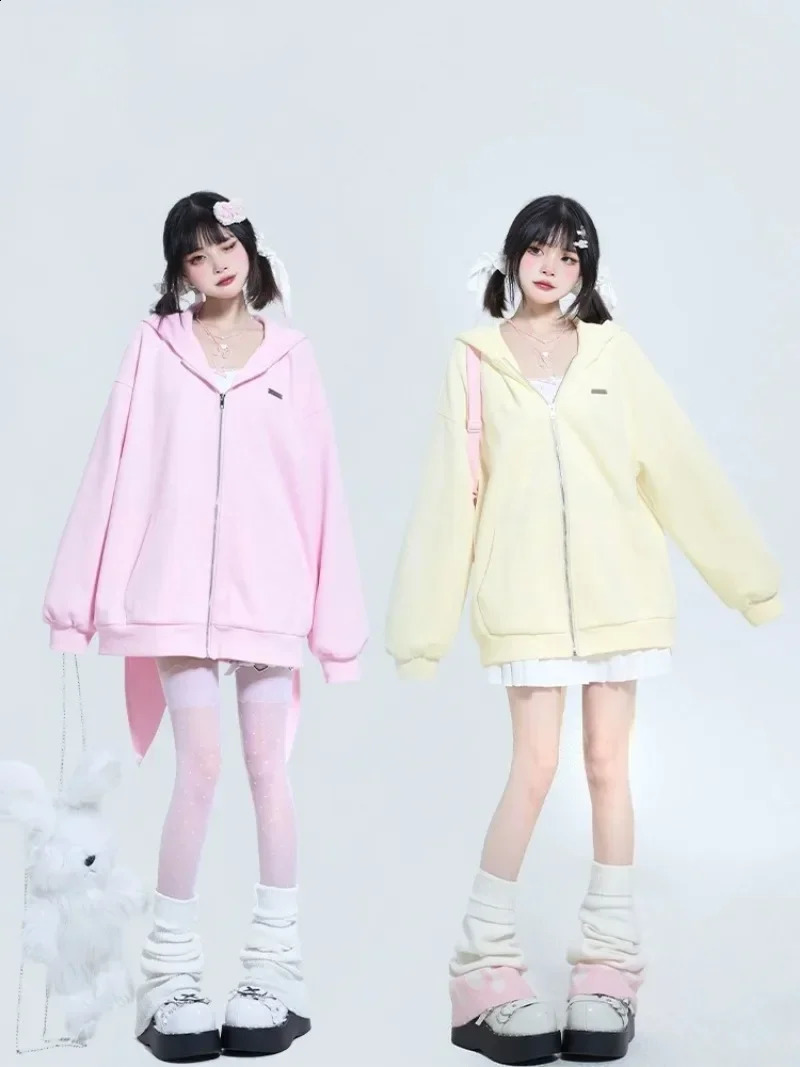Autumn Winter Rabbit Big Ear Hooded Sweater Coat Oversize Zipper Cardigan Hoodie Jacket 2000s Korean Zip Up Y2k Tops Kpop 240812