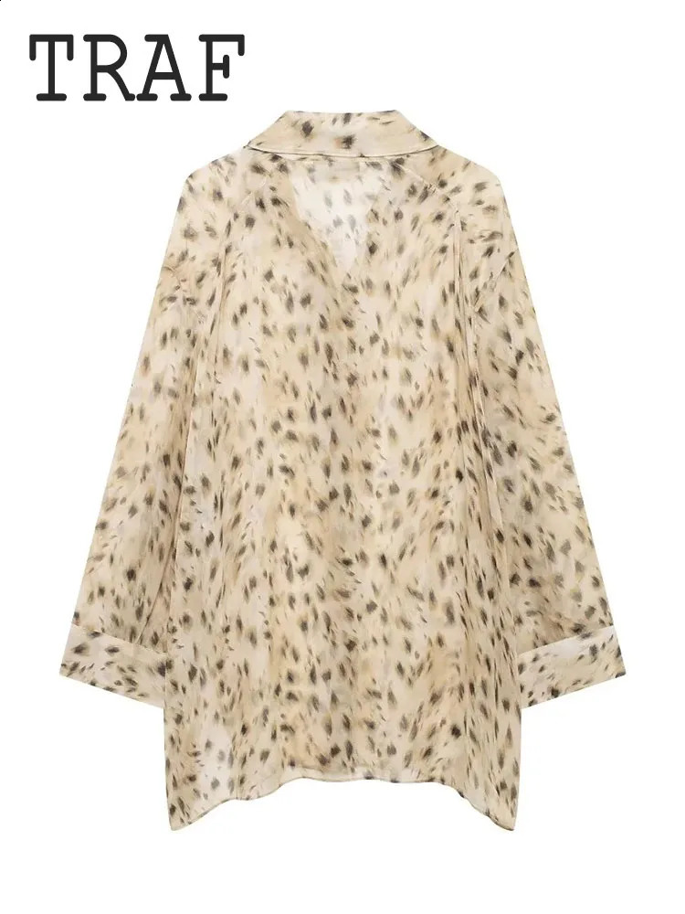 TRAF Animal Print 2 Piece Set Straight Leg Pants Set Semi Transparent Loose Shirt Top Womens 2 Piece Casual Streetwear 240812