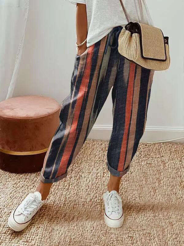 2024 Womens Printed Cotton and Hemp Casual Pants Slimming Cotton Trousers Simplicity Nine Points Hip-hop Style Overalls and Sweat Pants Unisex