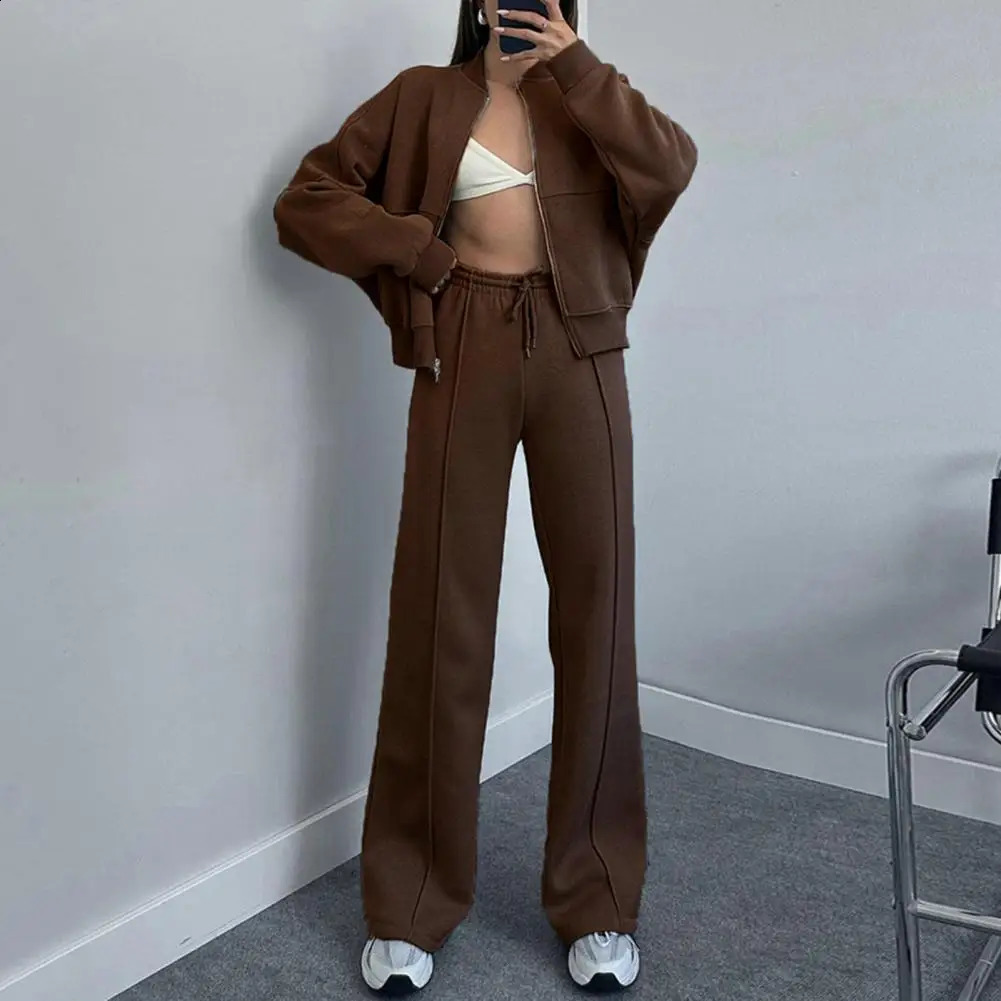 Women Loose Fit Suit Womens 2-piece Tracksuit Set with Stand Collar Coat Wide Leg Pants Solid Color Zipper Closure for Casual 240812