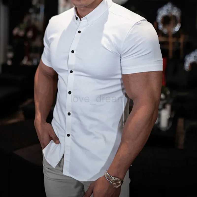 Men Casual Short Sleeve Shirt Street Wear Lapel Button Solid Color Muscle Fitness Brother Shirt For Male Vintage Vacation BlouseXJ240812