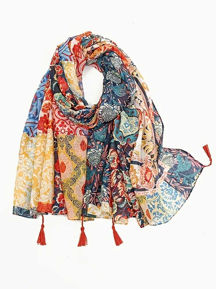 Elegant printed headscarf with cotton adhesive tassel shawl suitable for womens fashionable beach long scarf womens floral headscarf 185 * 100cm W2408