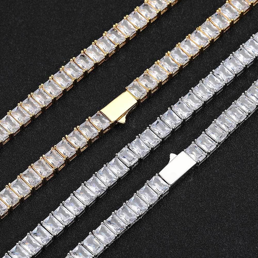 Hip Hop 7mm Square 5A Zircon Tennis Chain Necklace Real Gold Plated Mens Jewelry Set