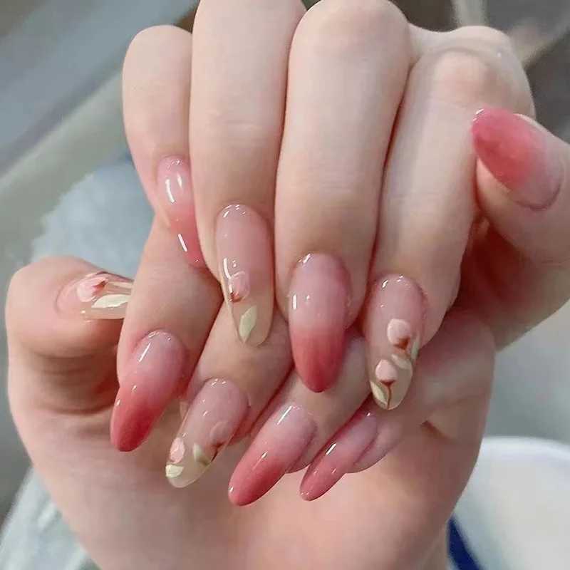 24 pieces of pressed nails pink gradient fake nails glossy artificial fingers ergonomic reusable fake nails for women W240810