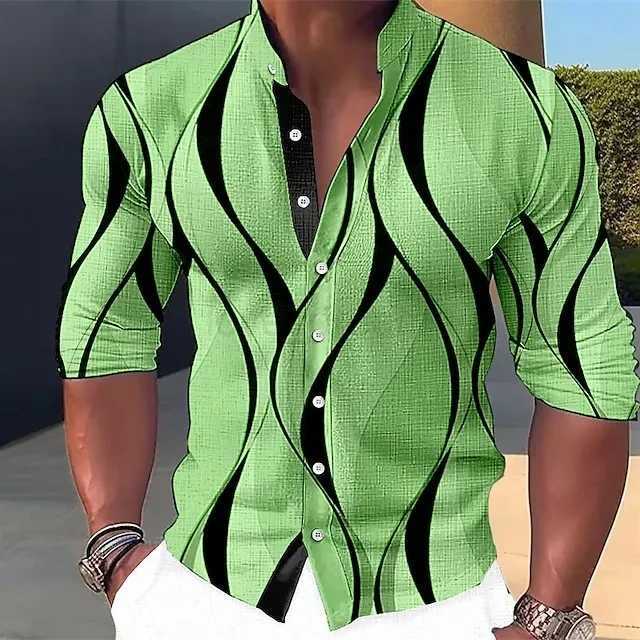 Summer new plus-size mens casual slim fashion 3D printed long-sleeved shirt mens shirtXJ240812