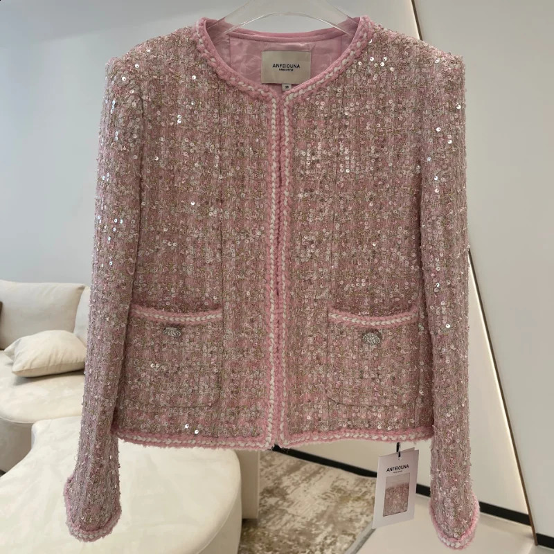 Pink Shiny French Small Fragrance Lady Coat Sequined O Neck Long Sleeve High Quality Sweet Casual Loose Chic Tweed Womens Coat 240812