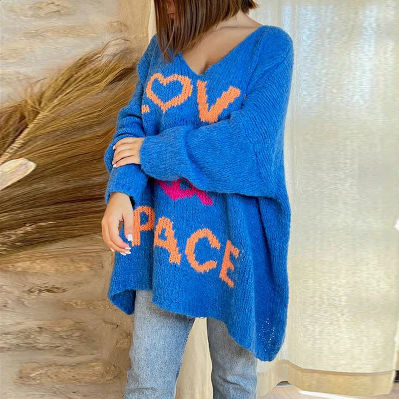 Crocheted Letter PEACE LOVE Knitted Sweater Womens Autumn V-neck Loose Top Pullover Winter Long Sleeve Female Jumper Harajuku 240812