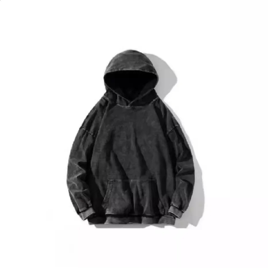 Vintage Pure Cotton Washed Solid Color Hoodie Autumn And Winter Hooded Pocket Round Neck Long Sleeved With Fleece 240812