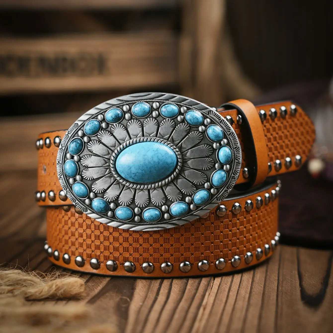 Belts Western style denim PU belt - mens belt with cow decoration floral jeans Y240810QYTH