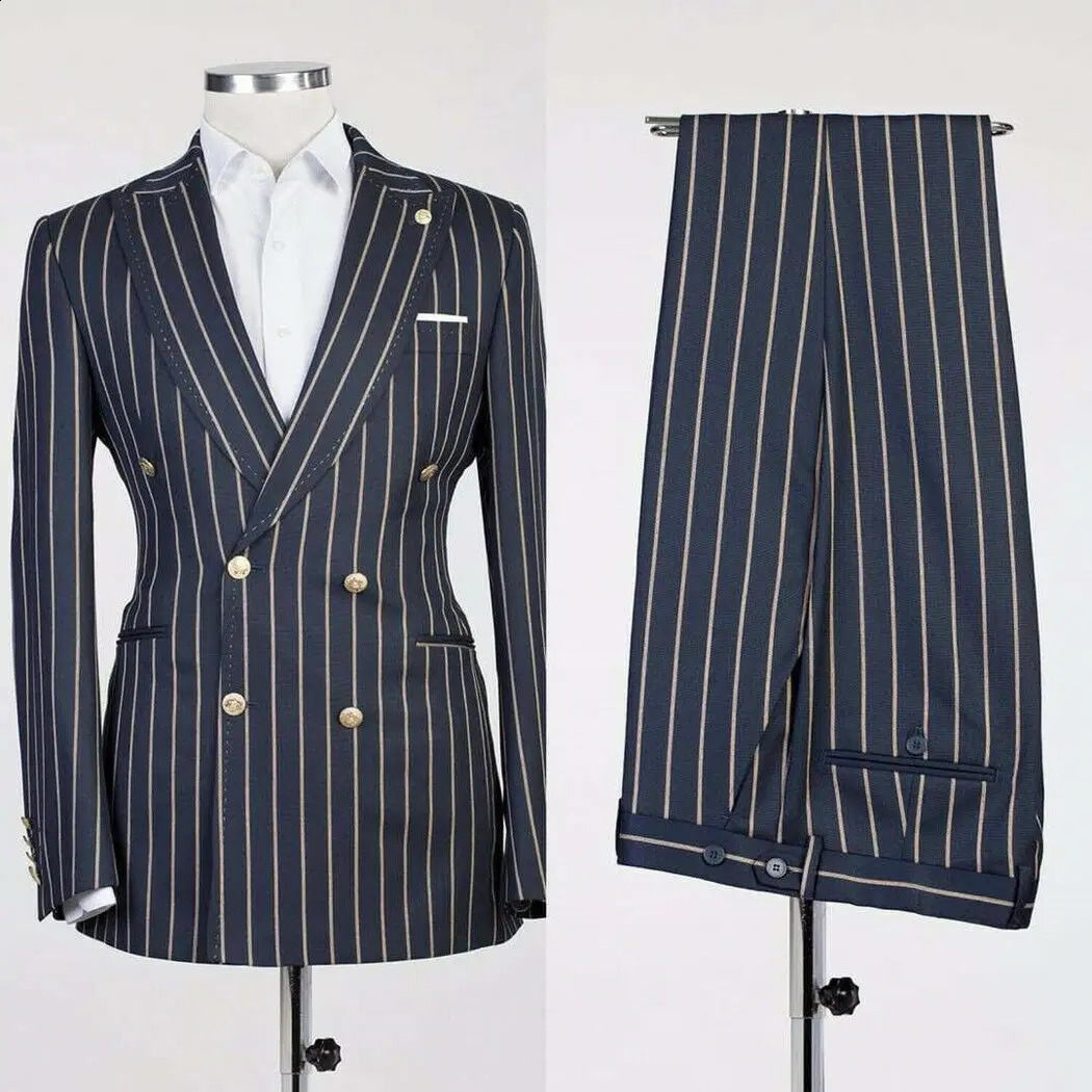 Mens Suits Stripe Business Blazer Sets 2 Pcs Male Coat with Pants Double Breasted Jacket British Style Pantsuits Customize 240812