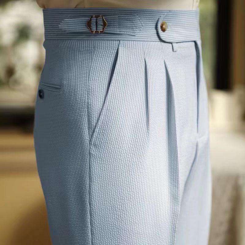 Oldyanup British Neapolitan Mens Set Pants SpringSummer Seersucker High Waist Business Casual Slim Straight Trouser 240809