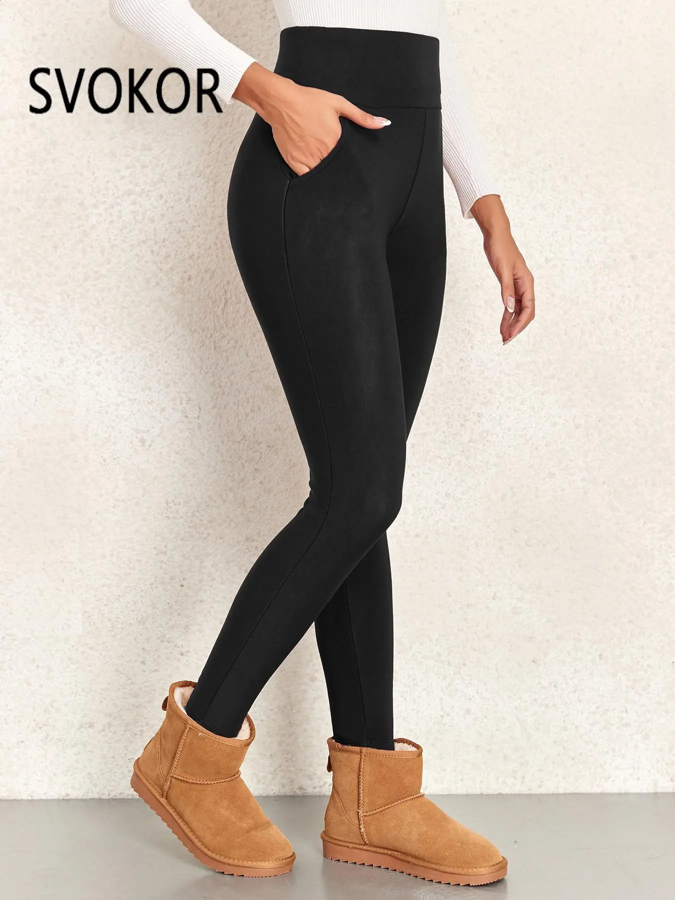 SVOKOR Lamb Velvet Leggings with Pockets for Women Winter Warm Tight Elastic High Waist Thicken Soft Pant Solid Thermal Legging 240812