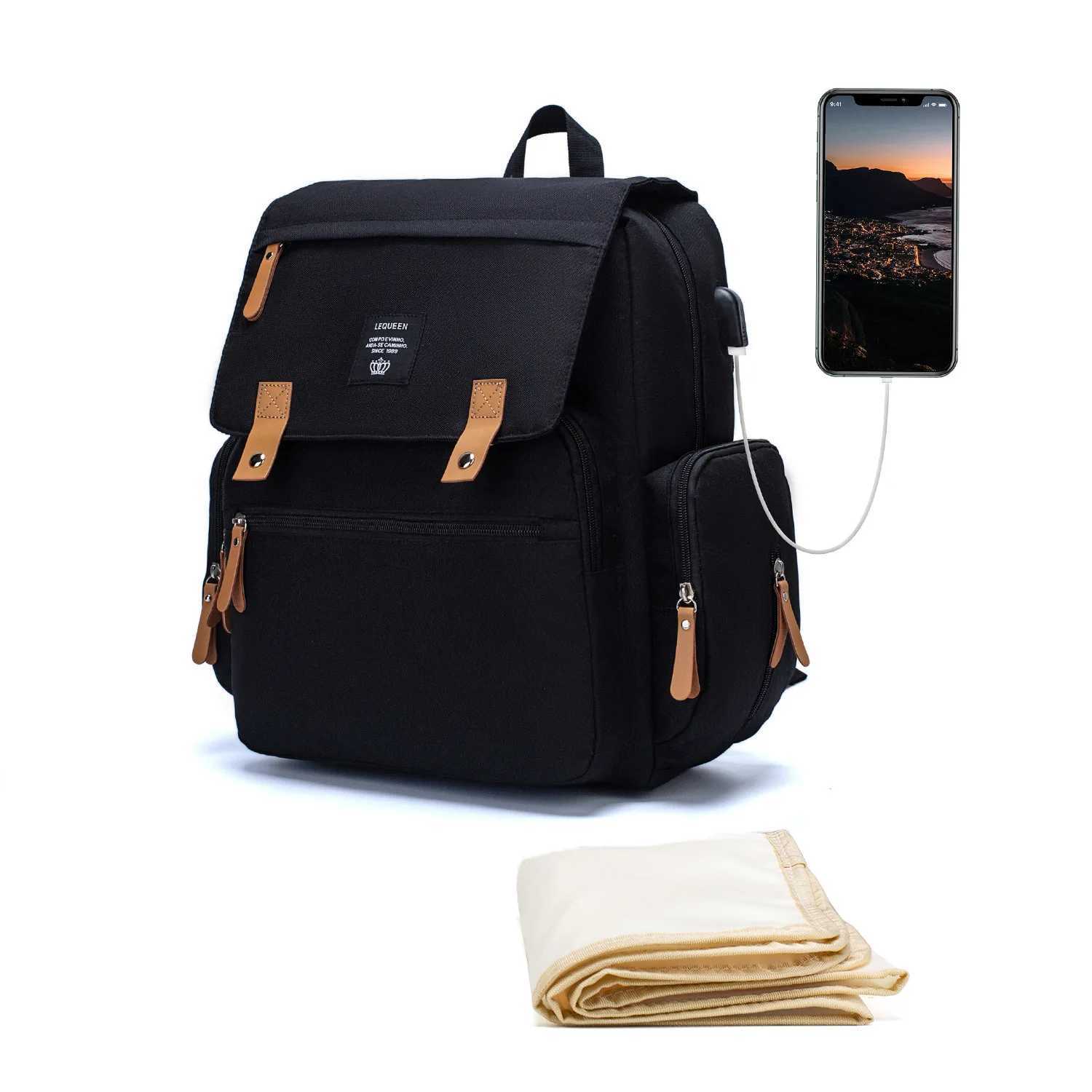 Lequeen Diaper Bag Fashion Baby Bag Backpack Black Baby Products Organizer Mom USB Port Pajama Replacement Wet Bag W240812