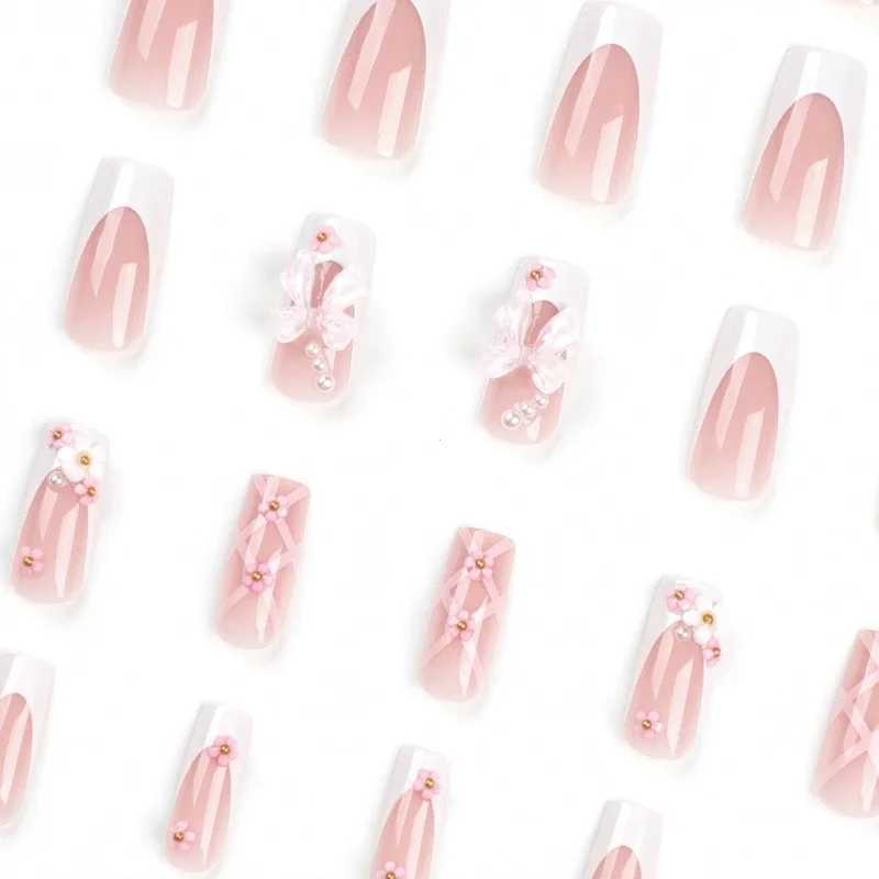 24 pieces of pink bow design fake nails ballet long pressed nails pearl wearable coffin fake nails French square finger nails W240810