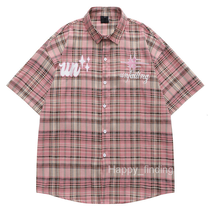 Clothing Mens Clothing Internet Celebrity Blogger Wearing Pink Checkered Short Sleeved Shirt for Couples Mens and Womens Personalized Shirt