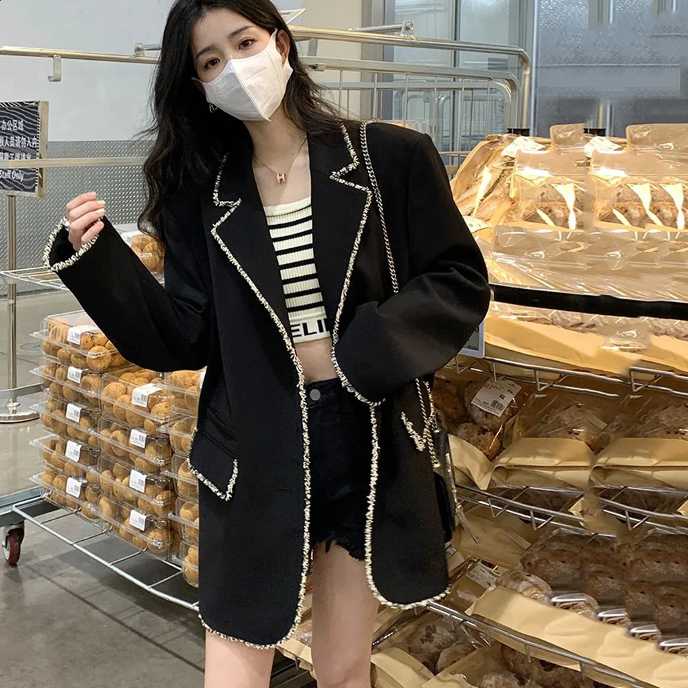 Women Black Tweed Splice Blazer Notched Long Sleeve Loose Fit Suit Jacket Fashion Spring Autumn Office Ladies Coat Tops 240812