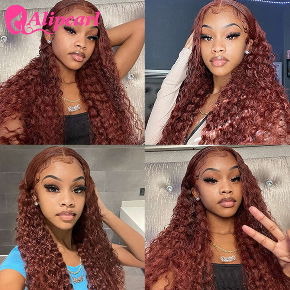 Alipearl Kinky Curly Human Hair Wigs Reddish Brown Transparent 13X4 Lace Front Preplucked For Women Peruvian Wig