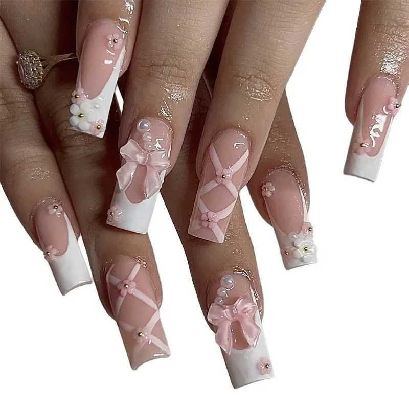 24 pieces of pink bow design fake nails ballet long pressed nails pearl wearable coffin fake nails French square finger nails W240810