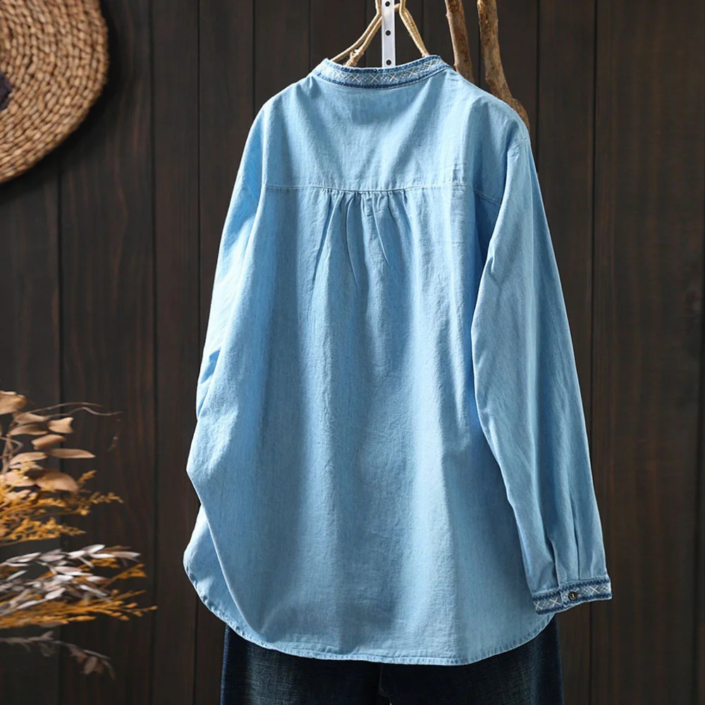 Elegant blouses for women 2024 summer ethnic long sleeve embroidery denim shirts and blouses jean shirts Y2K vintage top 240812