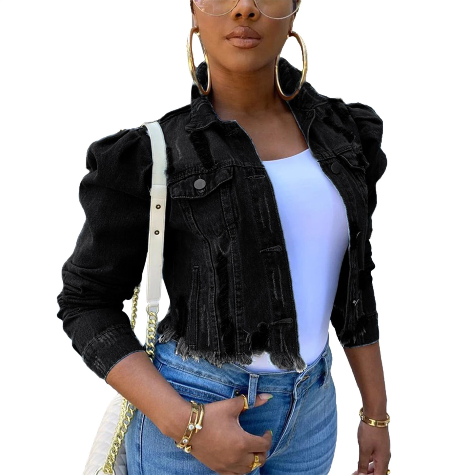 Y2k Womens Ripped Denim Jacket Casual Long Puff Sleeve Button Down Cropped Jean Coats for Fall 240812 - view 5