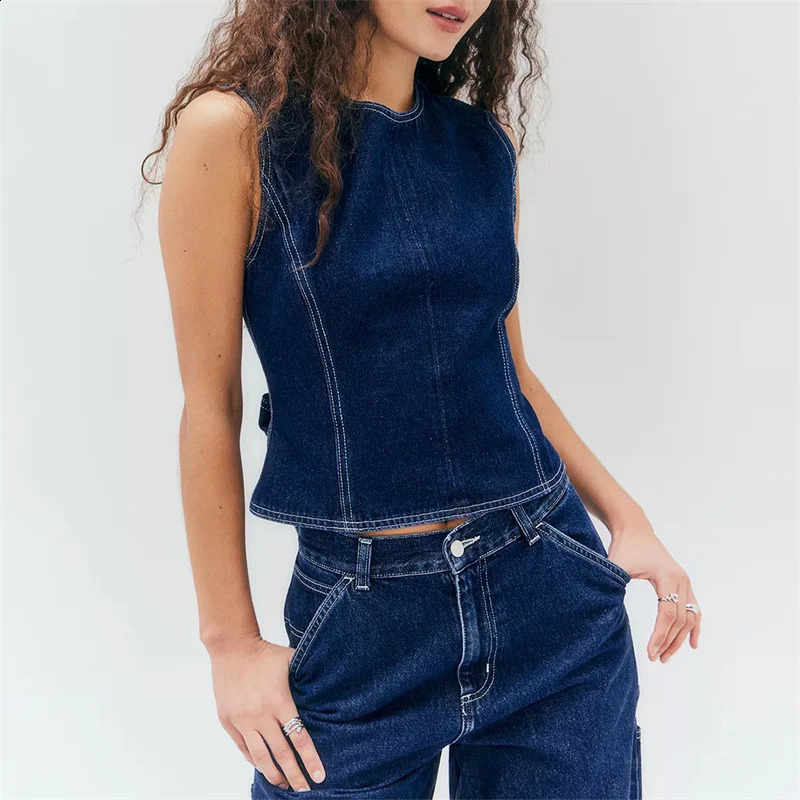 Lamuusaa Denim Tops for Women y2k Clothes Solid Color Round Neck Sleeveless Backless Jeans Vest Fashion Waistcoat Streetwear 240812