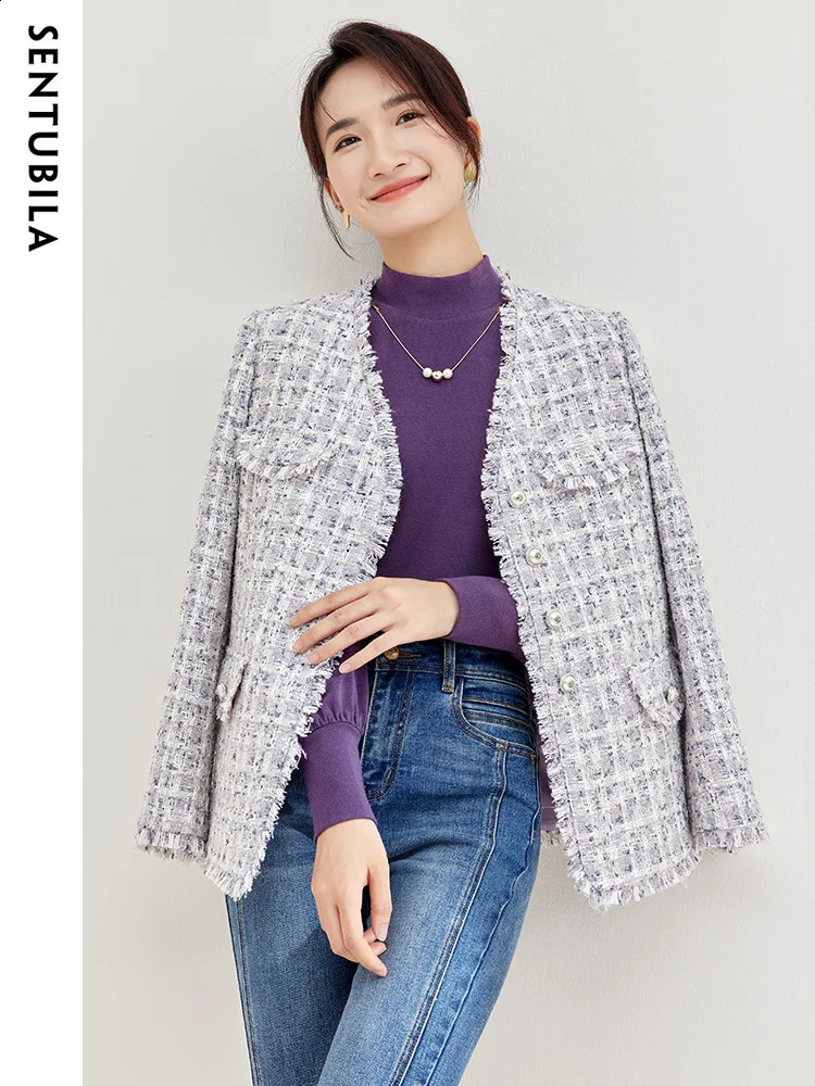 SENTUBILA Winter Tassel Trim Tweed Jackets for Women Elegant Outerwear Purple Plaid Straight-cut Long Sleeve Coats 133W519 240812