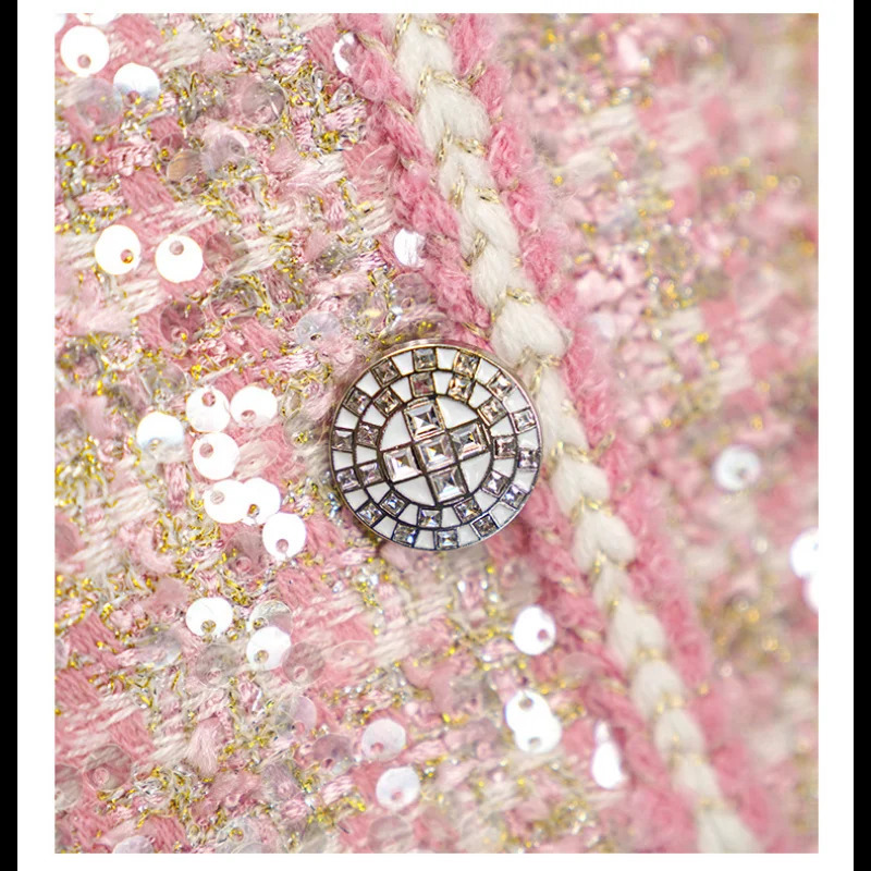 Pink Shiny French Small Fragrance Lady Coat Sequined O Neck Long Sleeve High Quality Sweet Casual Loose Chic Tweed Womens Coat 240812