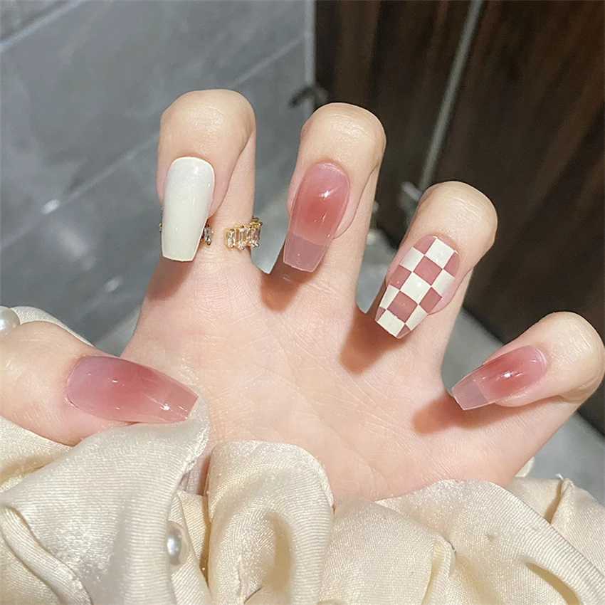 24 pieces/set long ballet wearing fake nail art pink and white pasted on nails artificial nail products for girls and professionals W240810