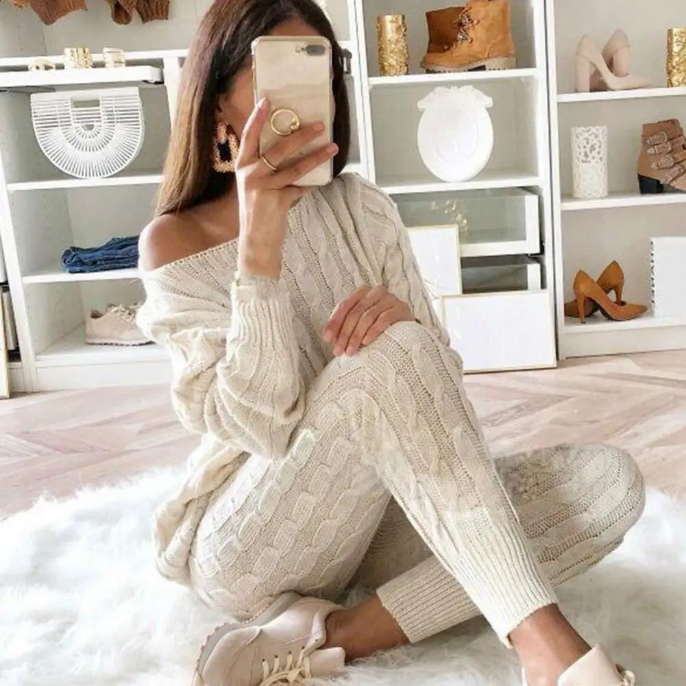 Autumn Winter Women Knitted Tracksuit Two Piece Set Women Sweater Tops Elastic Waist Pant Knitted Suit Women Two Piece Outfits 240812