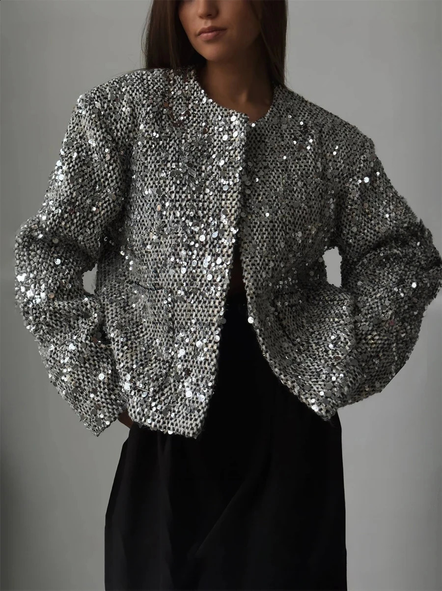 Fashion Silver Sequin Embellishment Round necked Thick Tweed Suit Coat Autumn Fashion Womens Long sleeved Casual Jacket 240812