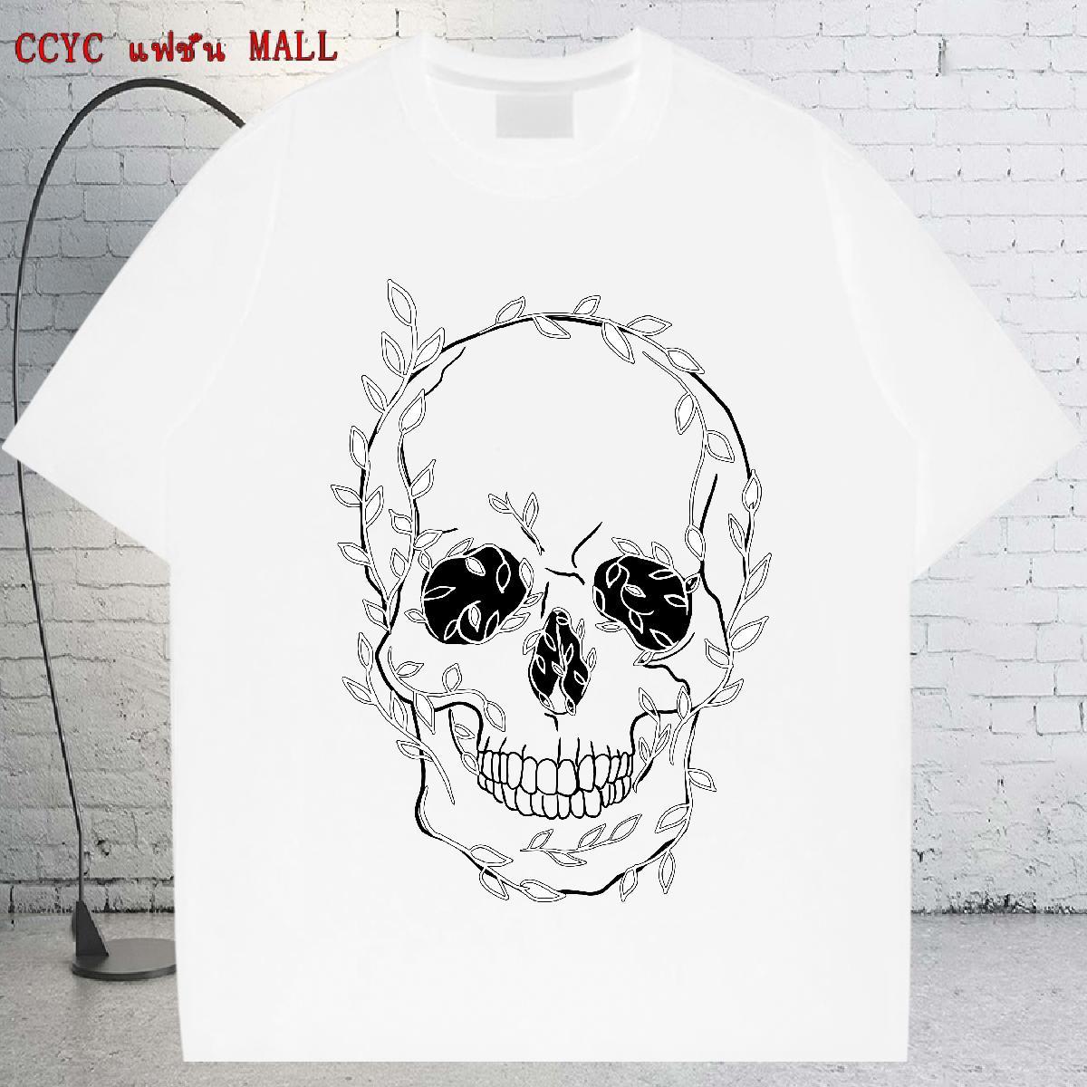 DIY Man T Shirts skull Tops Shirt 100% Cotton 230g High Street Hip Hop Loose Floral Print Breathable Crew Neck Men Clothes T-Shirt