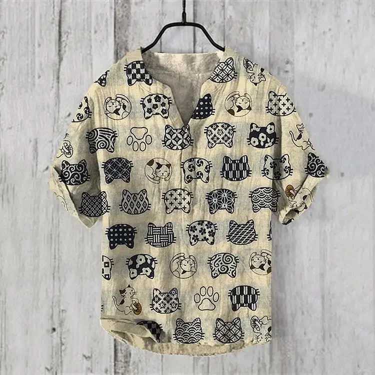 Leisure Chinese style mens 3-button cross-border direct sales ink print casual oversized shirt origin factoryXJ240812