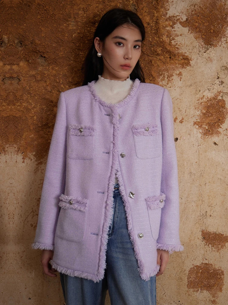 DUSHU 24.9% Wool Women Purple Tweed Jackets Round Neck Single Brested Loose Autumn Coat Fringed Raw Edge Women Mid-Length Jacket 240812