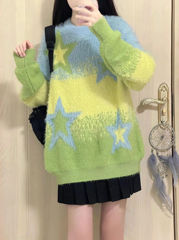 Preppy Style Sweater Long Sleeve Star Jacquard Contrast Color Casual Loose All Match Pullovers Autumn Winter Women Clothing 240812